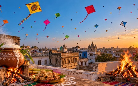 Illustration of kites over rooftops with a pongal pot and a Lohri bonfire