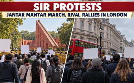 Illustration of protesters with blank placards marching toward Jantar Mantar in Delhi, beside a rally on a London street