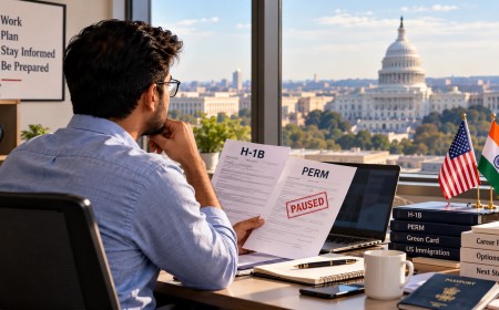 Illustration of an Indian professional reviewing H-1B and PERM documents with a Paused stamp