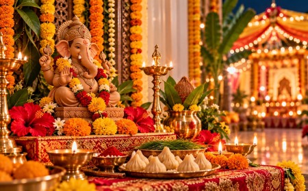 Illustration of a Ganesh idol with modaks, marigolds and brass lamps at a home altar