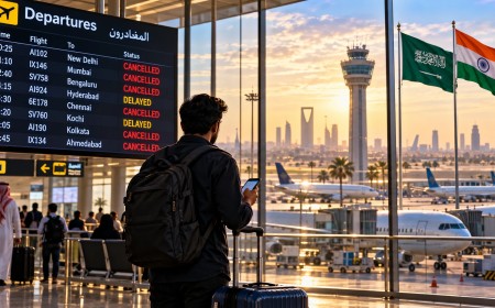 Illustration of a traveller checking a departure board with cancelled Indian flights at an airport