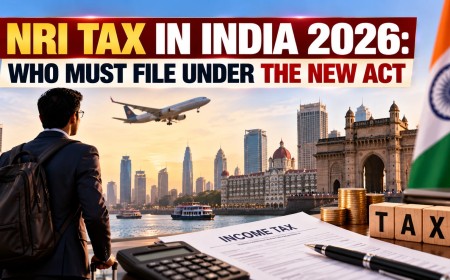 Illustration of an NRI traveller facing the Mumbai waterfront with an income tax form and calculator