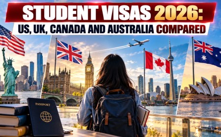 Illustration of a student with a backpack facing landmarks of the US, UK, Canada and Australia