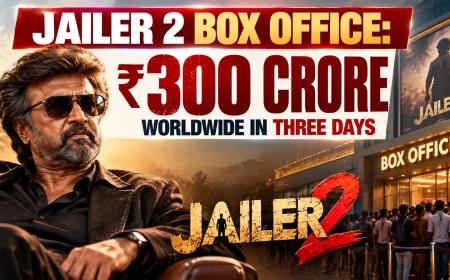 Illustration of a film star beside a Jailer 2 title and a crowd queuing at a cinema box office