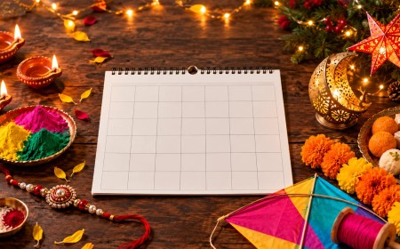 Illustration of festive objects from Indian festivals arranged around a blank calendar