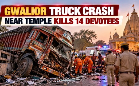 Illustration of a damaged truck near a temple with rescue workers, police and ambulances at the scene