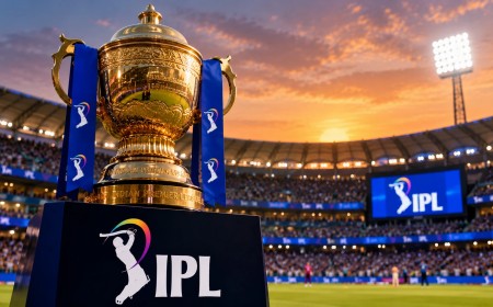 Illustration of a golden cricket trophy on a stand in a packed stadium at sunset