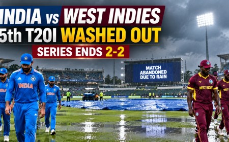 Illustration of cricket players walking off a rain-soaked pitch with a Match Abandoned sign