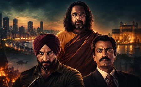 Illustration of three characters in front of the Mumbai skyline at night in a dramatic poster style