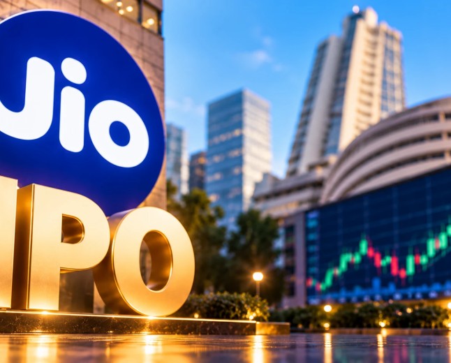 Illustration of a Jio sign and large golden IPO letters outside a stock exchange building with a rising market chart