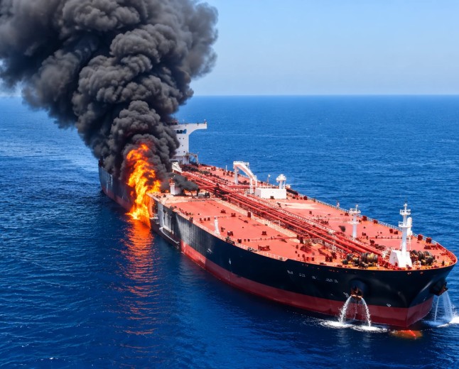Illustration of an oil tanker at sea with smoke and fire on deck